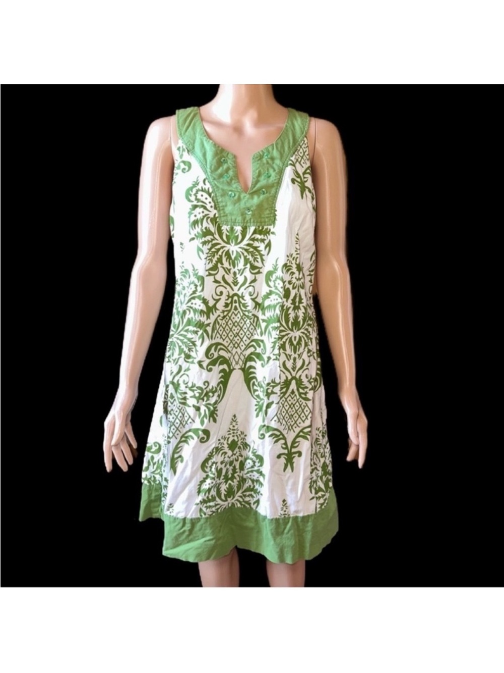 Green and White Sleeveless Printed Sundress